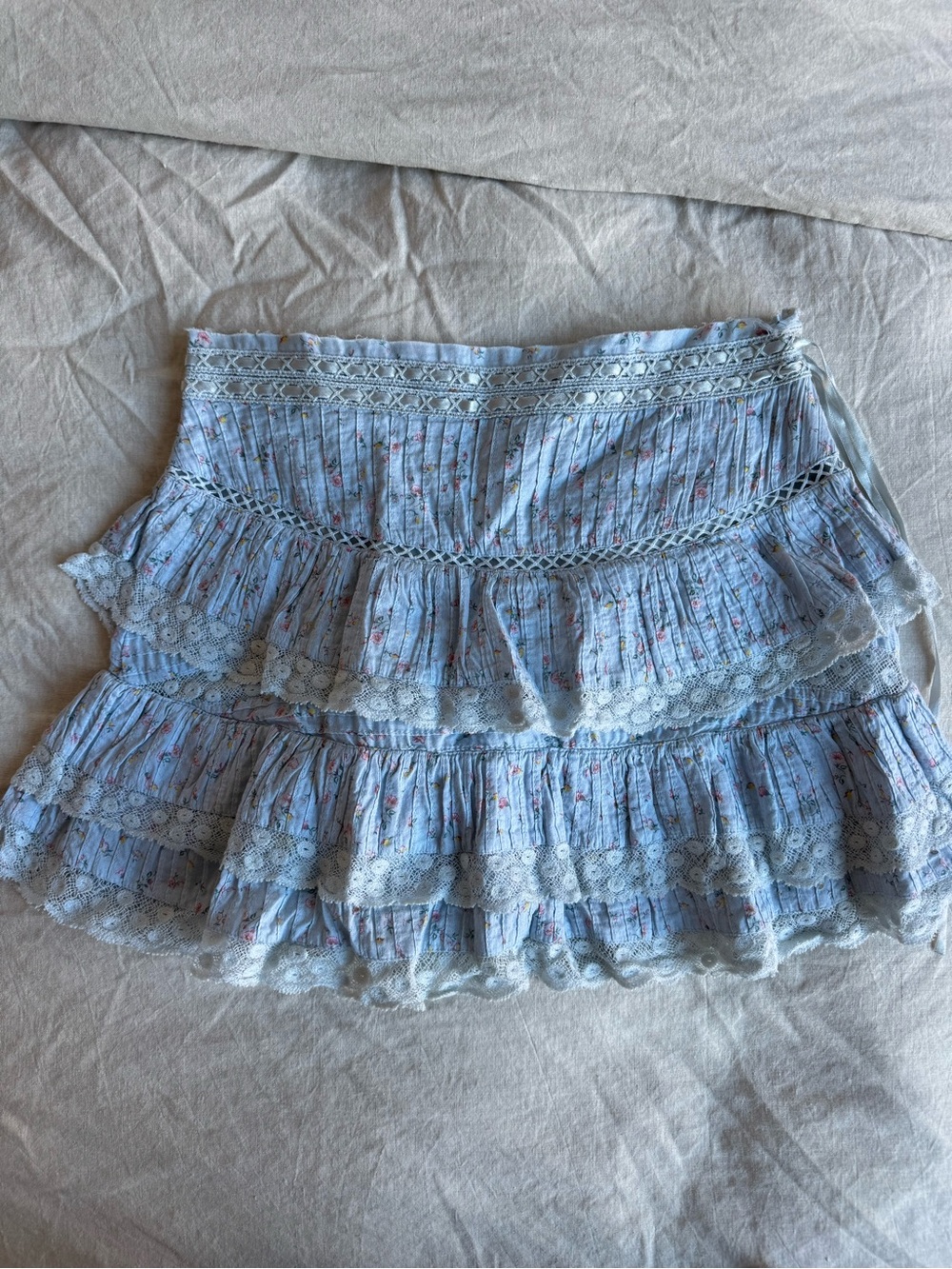 LoveShackFancy Light Blue Tiered Lace-Trim Mini Skirt with Pink Floral Accents